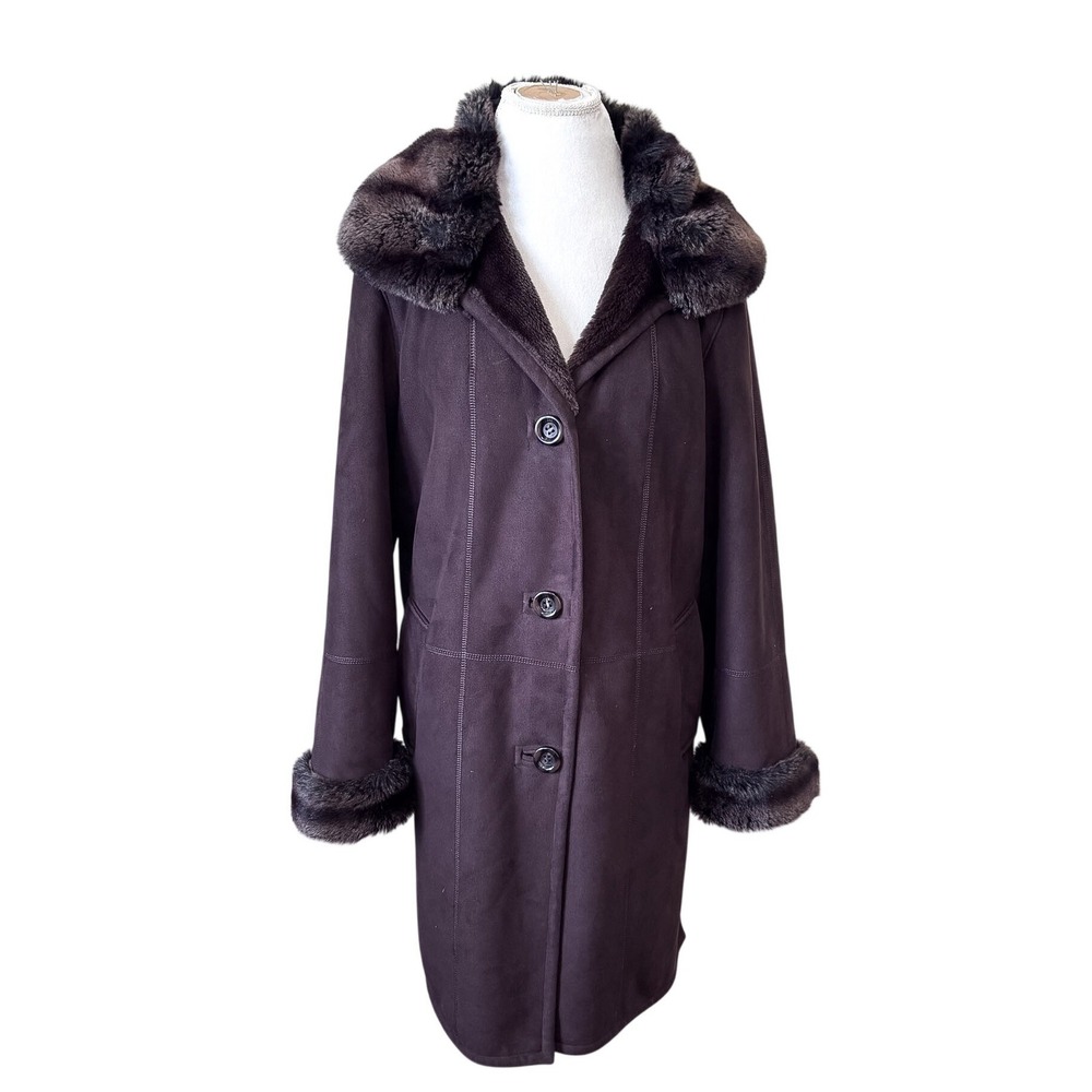 Vintage Gallery Womens Faux Suede Faux Fur Coat XL Chocolate Brown Plush Winter